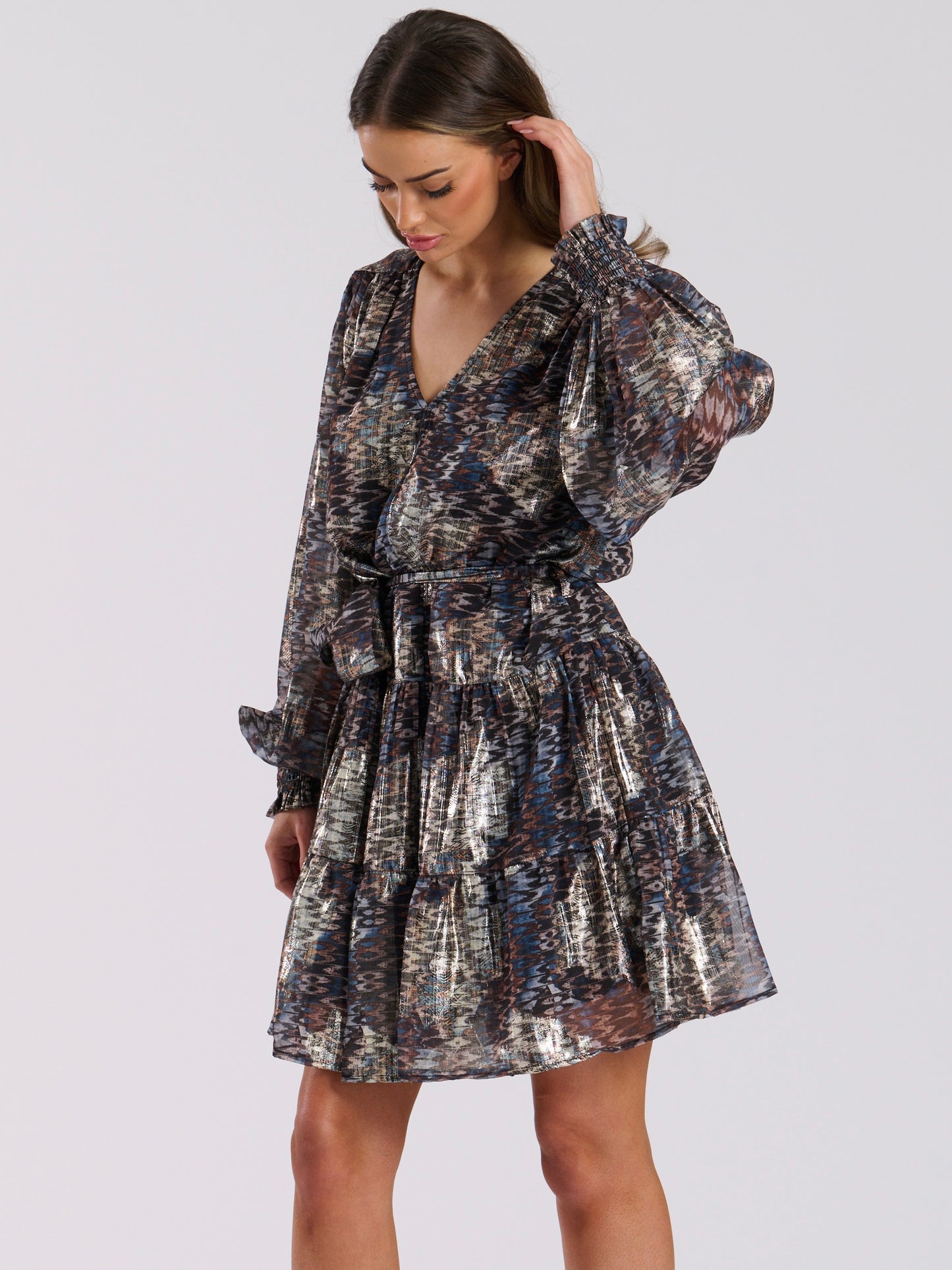 Multi Metallic Print Long Sleeve Short Dress