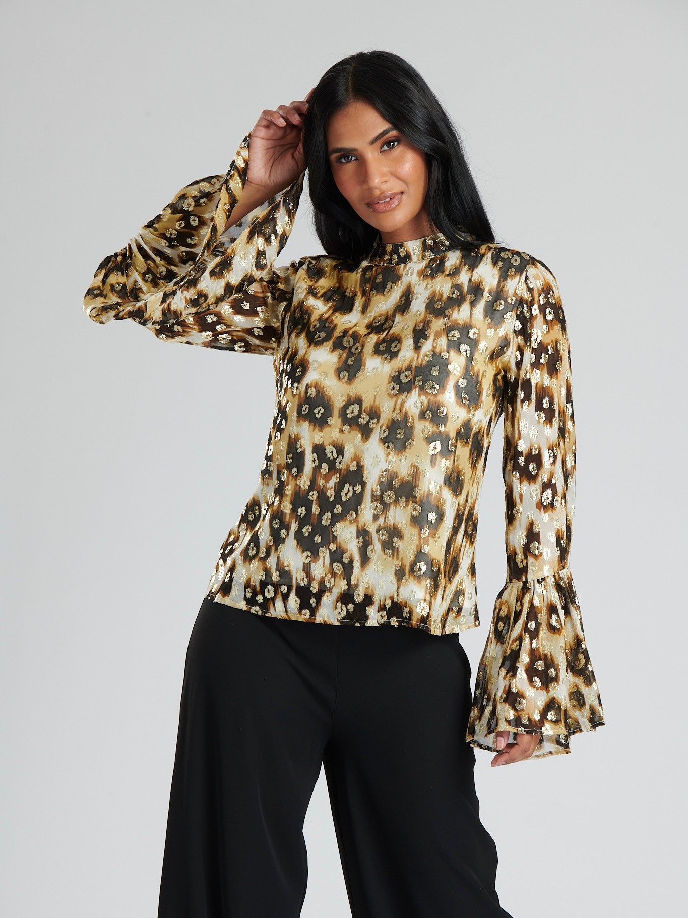 Leopard Print Metallic High Neck Blouse