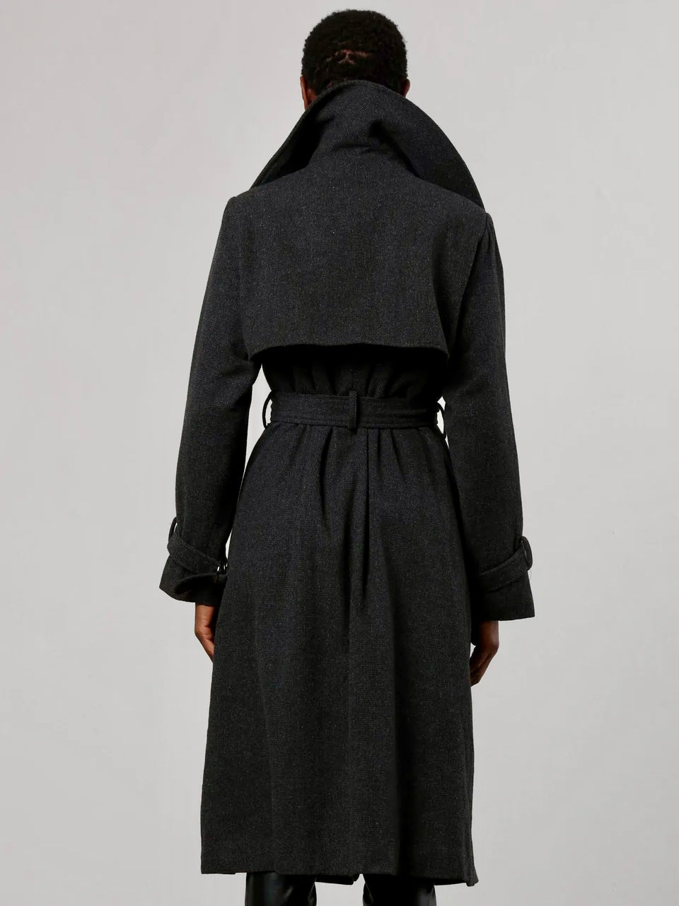 Wool Blend Zipped Trench Coat in Black