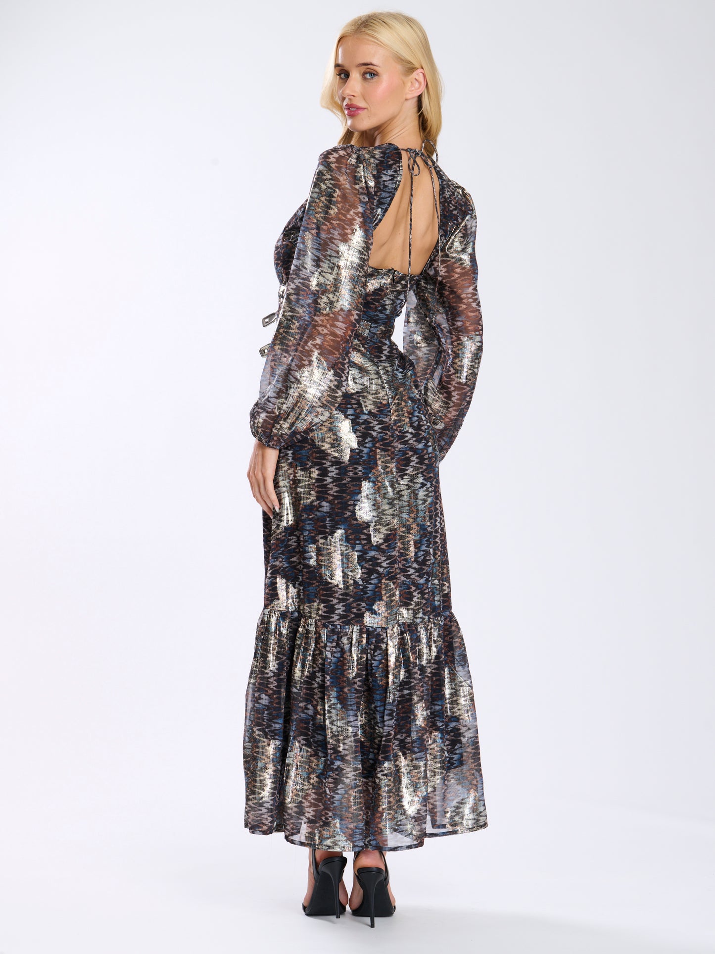 Multi Metallic Print Balloon Sleeve Maxi Dress