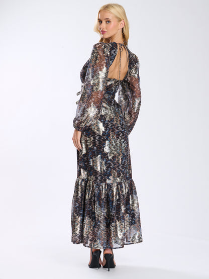 Multi Metallic Print Balloon Sleeve Maxi Dress