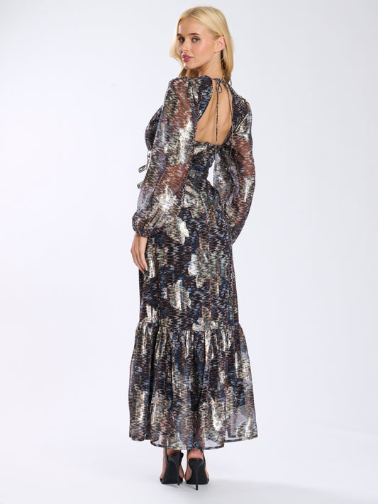 Multi Metallic Print Balloon Sleeve Maxi Dress