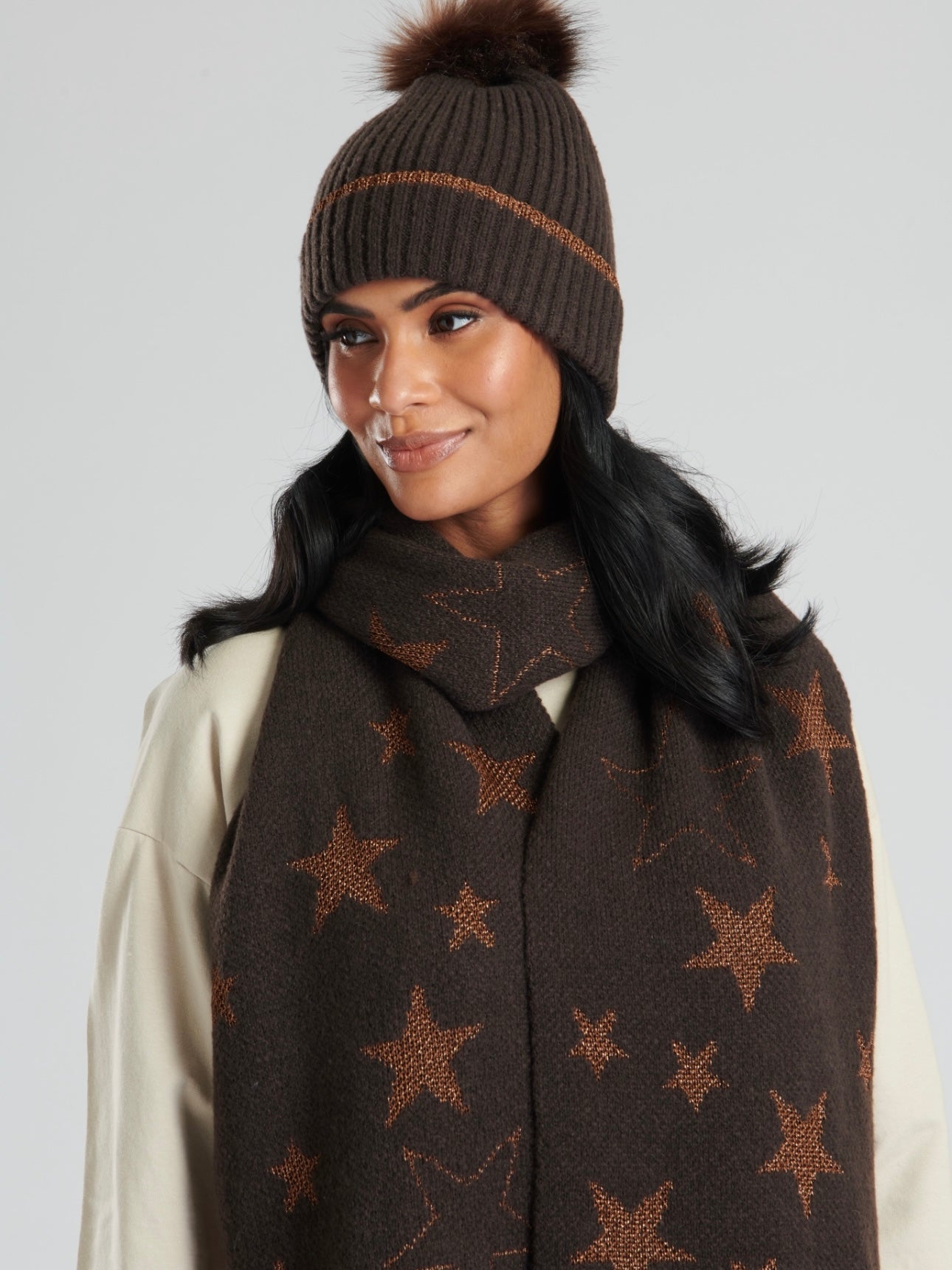 Brown Metallic Star Bobble Hat and Scarf Set