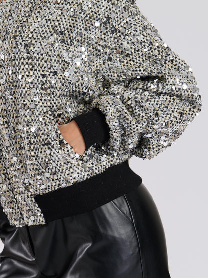 Black Monochrome Sequin Boucle Bomber Jacket