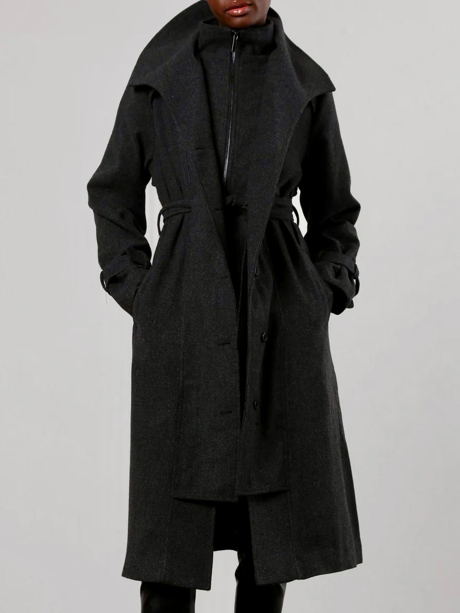 Wool Blend Zipped Trench Coat in Black