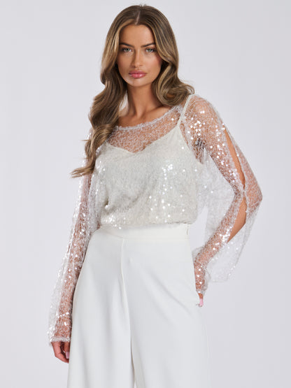 Ivory Sheer Open Sleeve Sequin Top