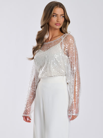 Ivory Sheer Open Sleeve Sequin Top