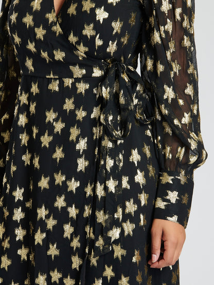 Black Metallic Star Long Sleeve Wrap Dress