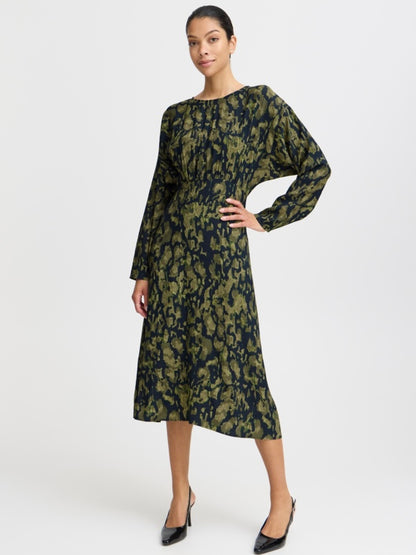 Patterned Long Sleeve Midi Dress