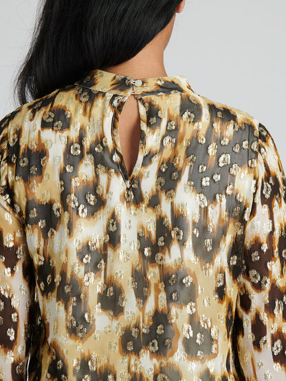 Leopard Print Metallic High Neck Blouse