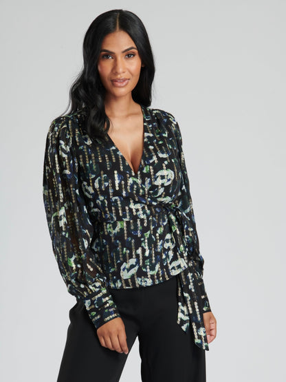 Leopard Print Metallic Wrap Tie Blouse