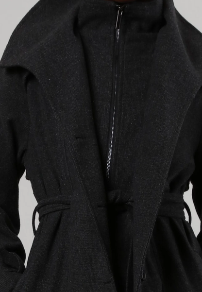 Wool Blend Zipped Trench Coat in Black