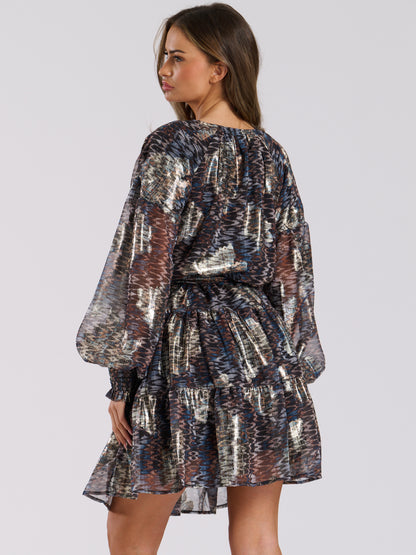 Multi Metallic Print Long Sleeve Short Dress