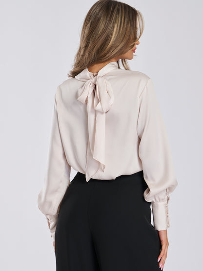 Oyster Satin Twist Neck Blouse