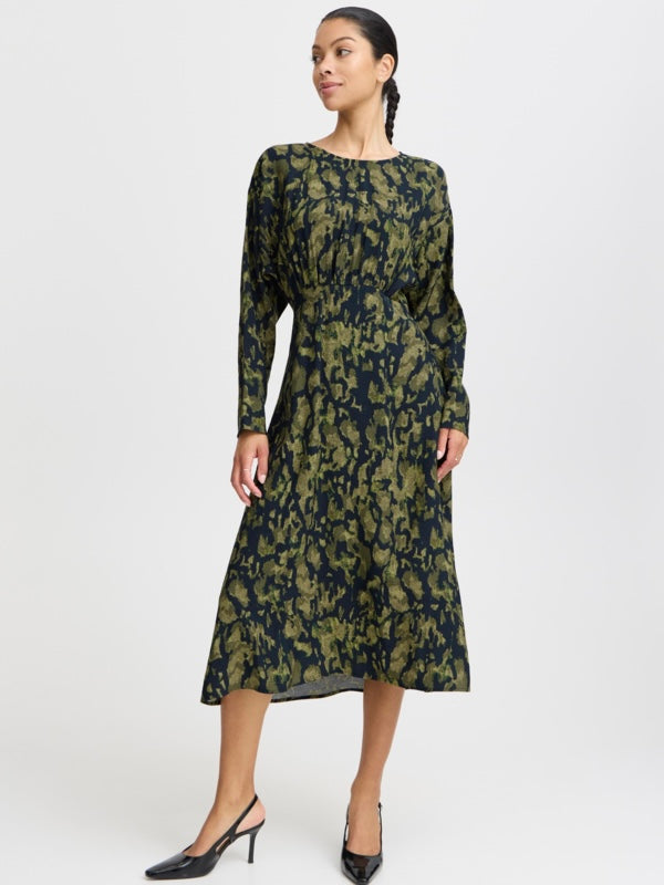 Patterned Long Sleeve Midi Dress