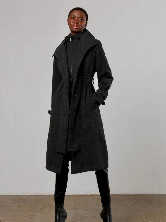 Wool Blend Zipped Trench Coat in Black