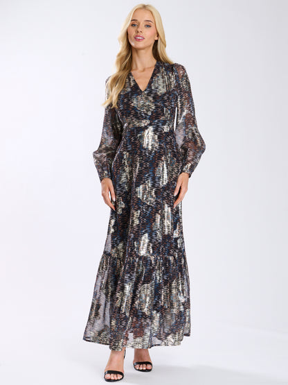 Multi Metallic Print Balloon Sleeve Maxi Dress