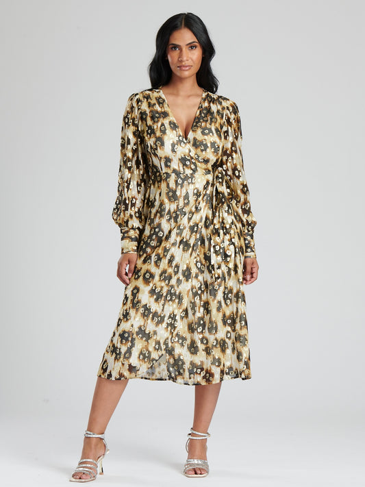 Leopard Print Metallic Long Sleeve Dress