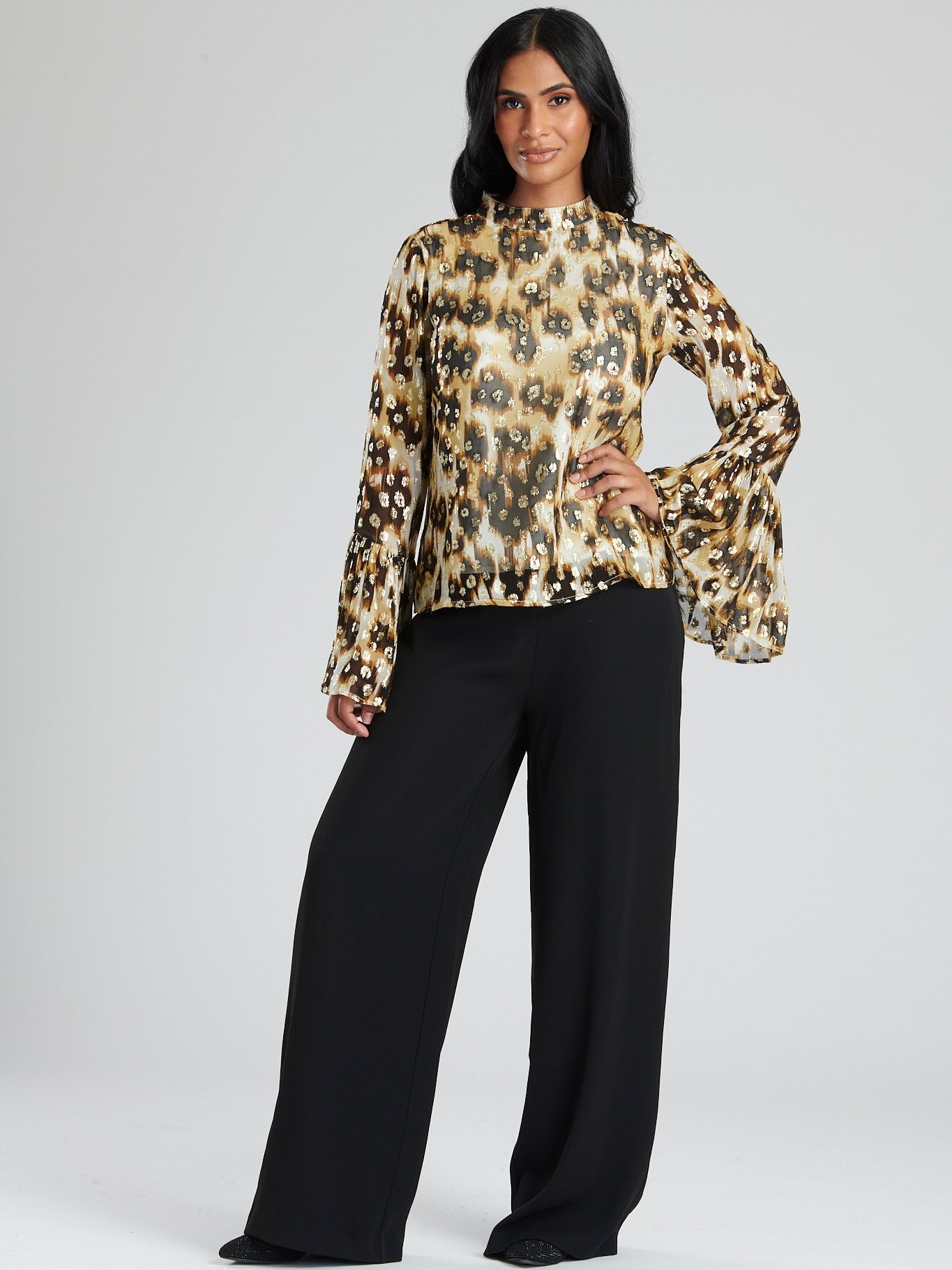 Leopard Print Metallic High Neck Blouse