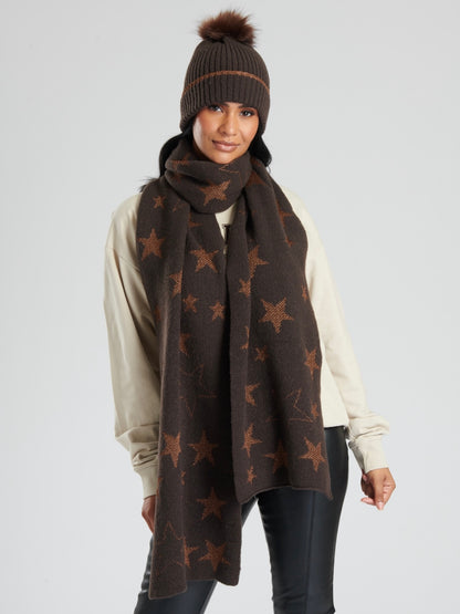 Brown Metallic Star Bobble Hat and Scarf Set