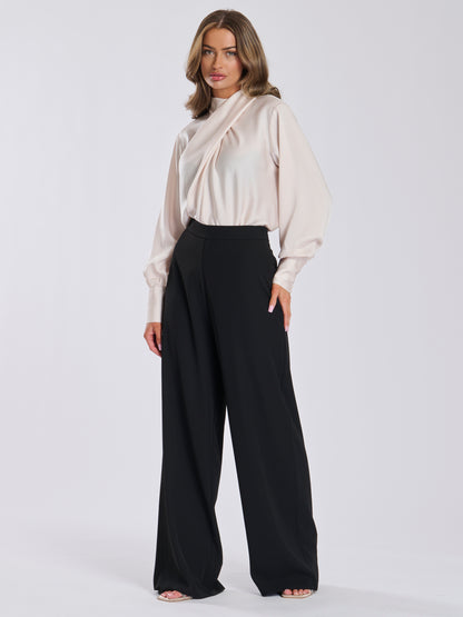 Oyster Satin Twist Neck Blouse