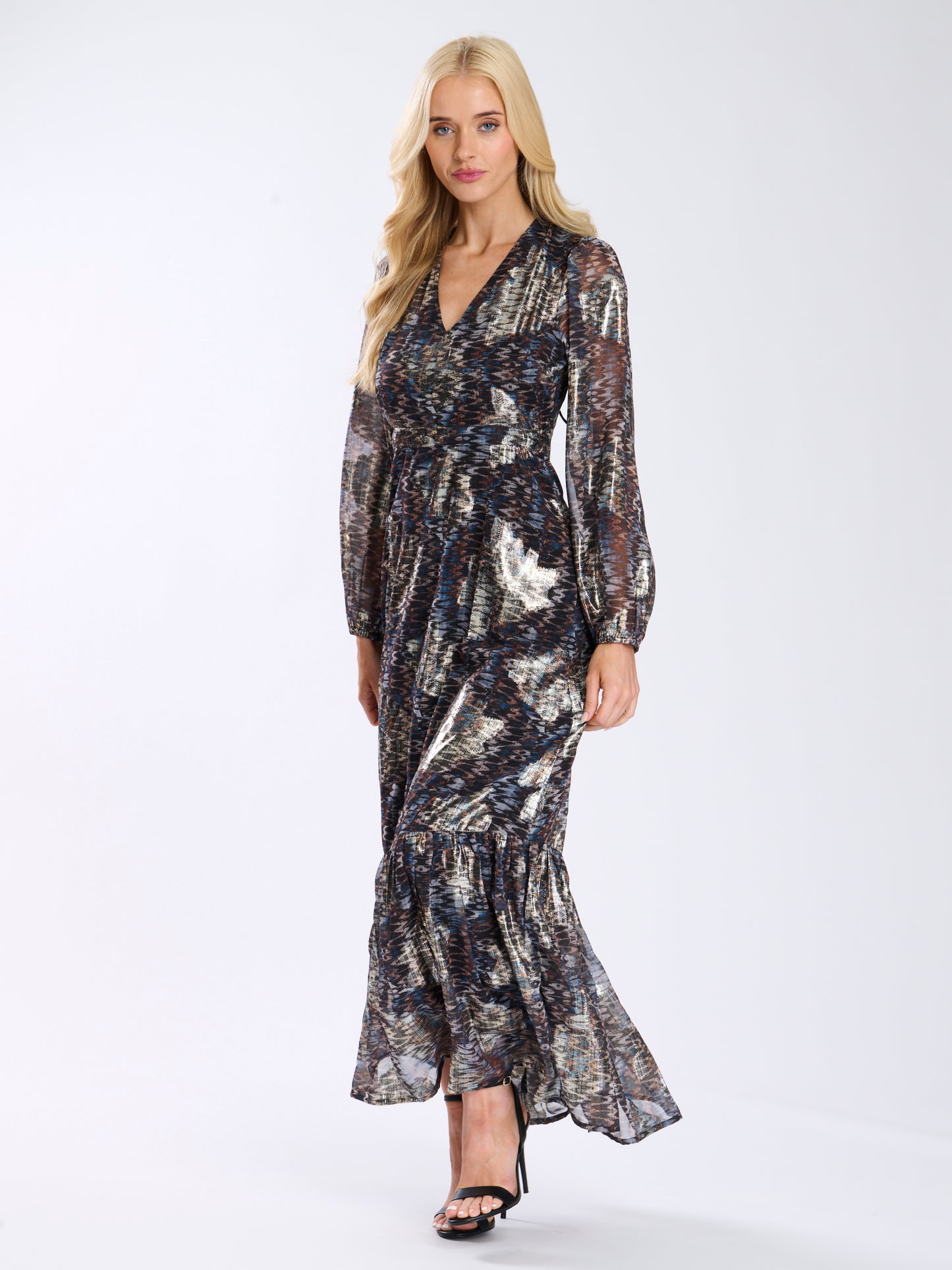 Multi Metallic Print Balloon Sleeve Maxi Dress