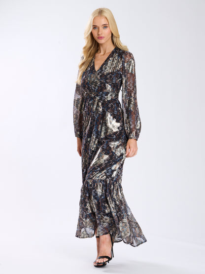 Multi Metallic Print Balloon Sleeve Maxi Dress