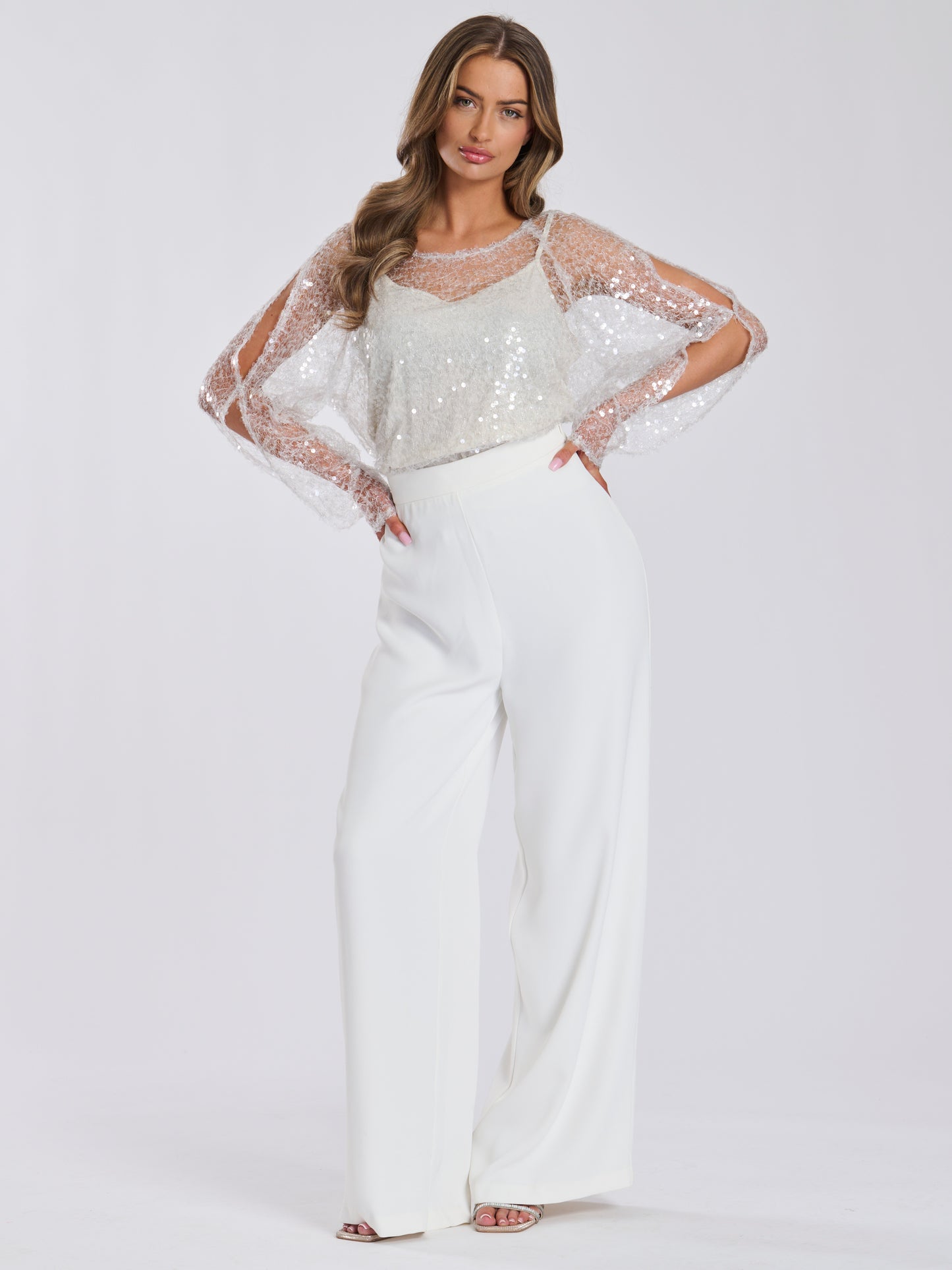 Ivory Sheer Open Sleeve Sequin Top